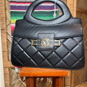 Valentino Orlandi Black Quilted Satchel with Strap and Gold Hardware
